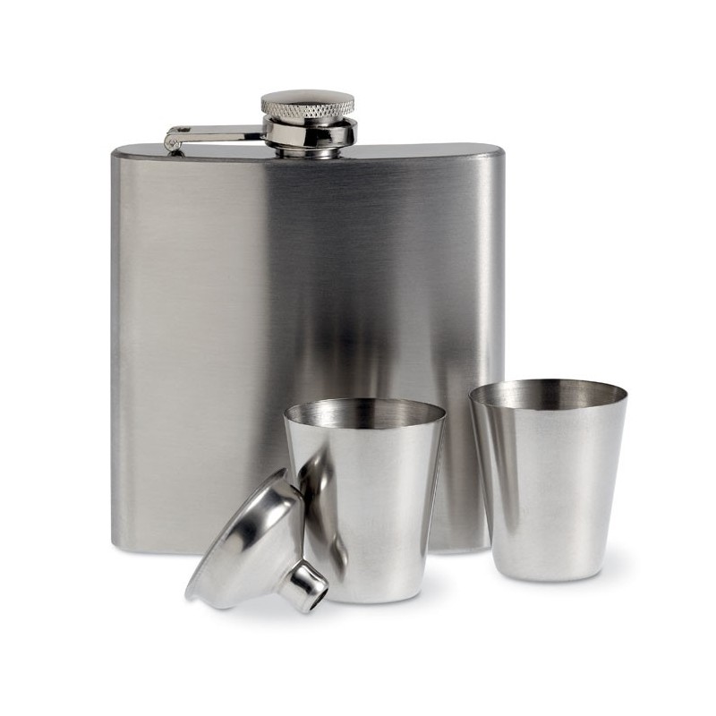 SLIMMY FLASK SET - Sticlă de buzunar cu paharele  MO8321-16, Dull silver