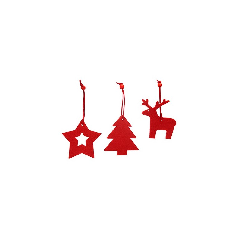 CAROL, Set de ornamente de Crăciun din pâslă, care include trei modele: stea, copac și ren - XM1310, ROȘU