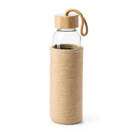 SIBU. Glass bottle with faux jute pouch and bamboo cap with practical carry strap - BI4137, BEIGE