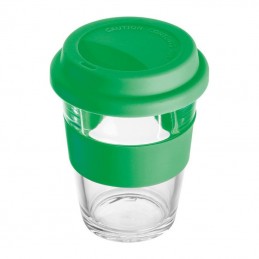 Cană din sticlă cu manșon și capac din silicon. 300 ml - 257209, Verde