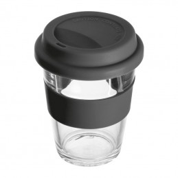 Cană din sticlă cu manșon și capac din silicon. 300 ml - 257203, Negru