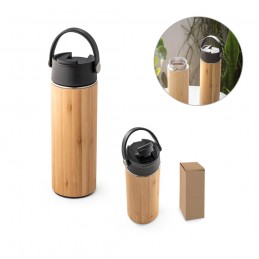 LAVER. Sticlă termos 440 ml din bambus și oțel inoxidabil cu capac din PP, corp cu pereți dubli  - 94257, Negru