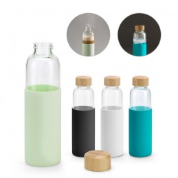 DAKAR. Sticlă din sticlă borosilicată cu capac din bambus și husa de silicon - 94699, Alb