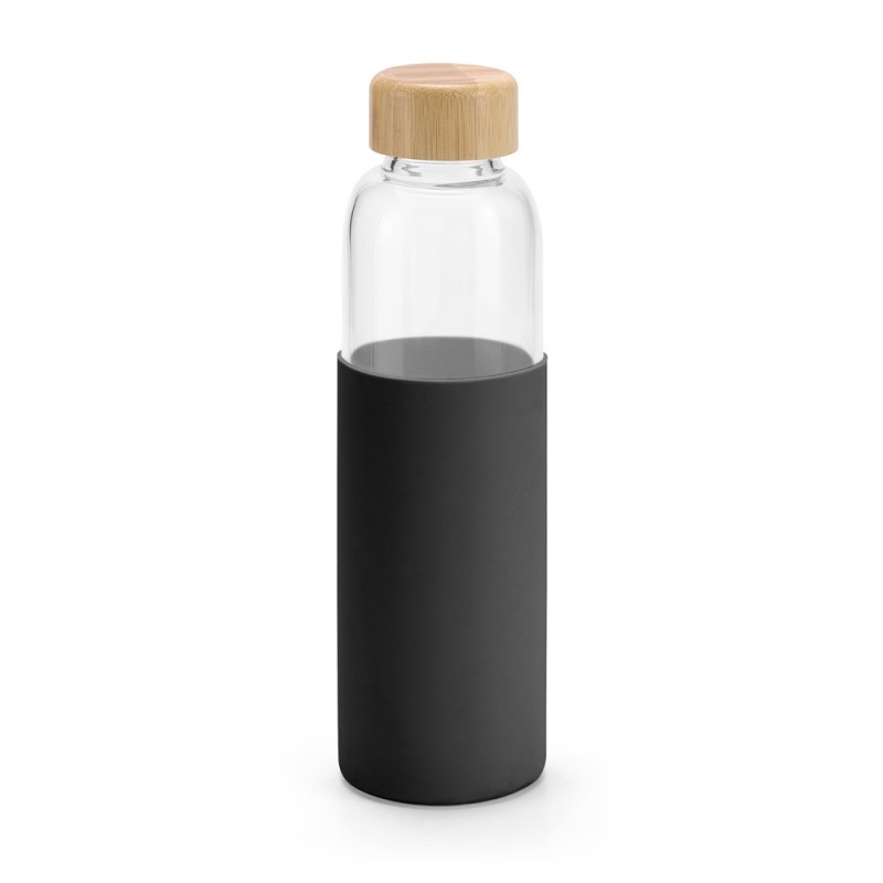 DAKAR. Sticlă din sticlă borosilicată cu capac din bambus și husa de silicon - 94699, Negru