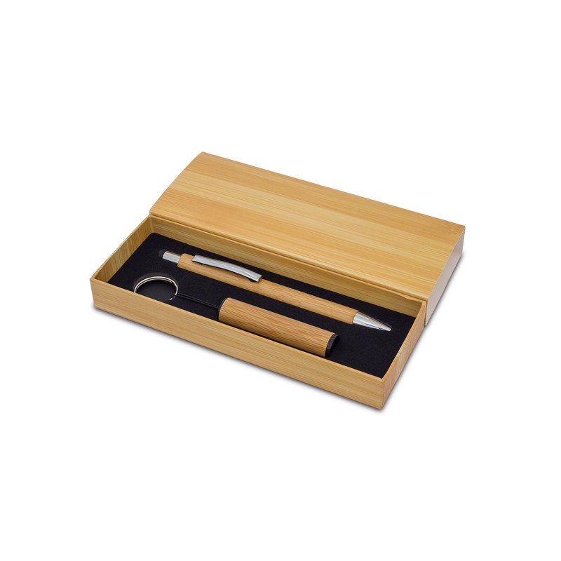 PELAK bamboo pen and torch keychain in a gift box, beige - R02319.13