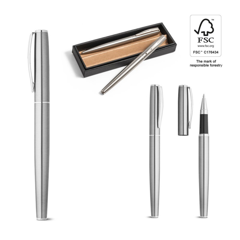 ELLA. Set de roller și pix, cu corp din oțel inoxidabil (53% rSS) cu clip, Argintiu satinat - 91781-127 ELLA. Set de roller și pix, cu corp din oțel inoxidabil (53% rSS) cu clip, Argintiu satinat - 91781-127