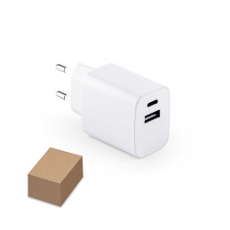 WEGENER. Adaptor de alimentare cu port USB-A 18W și USB-C 20W în ABS 100% reciclat (100% rABS), Alb - 97186-106